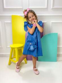 Meninas Crianças Vestido Jeans de Laço com Bolsinha Jeans