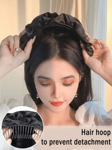 黑色百摺紋髮箍頭帶假髮，合成女士髮箍假髮，適用於長波浪頭包頭帶髮套 - 黑色 - 查看 5