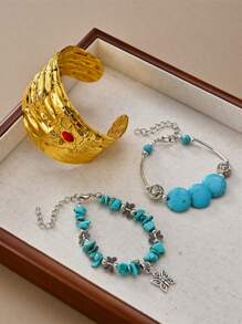 3入組多彩波西米亞風格珠飾手鐲和項鍊,附有綠松石、蓮花、大象、蝴蝶吊墜,是假日情侶送禮的完美選擇 - 彩色 - 查看 8