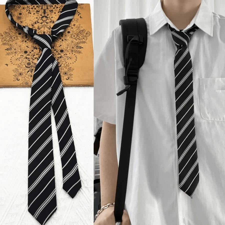 1 條男款黑白條紋聚酯手繫領帶適合正式襯衫和禮品 - 黑與白 - 查看 1