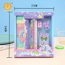 Conjunto Creativo De Dibujos Animados De Unicornio Que Incluye Estuche Para Lápices, Regla, Lápices, Borradores Y Sacapuntas - Morado - Ver 3