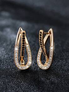 1對優雅的橢圓形香檳金色耳環,搭配黑白線條設計,女性精緻時尚耳環 - 耳環 - 查看 2