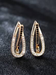 1對優雅的橢圓形香檳金色耳環,搭配黑白線條設計,女性精緻時尚耳環 - 耳環 - 查看 1