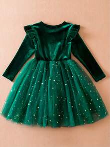 Young Girl 1pc Cute, Elegant, And Gorgeous Long Sleeve Party Dress With Shiny Stars, Moon, Sequins And Puffy Mesh Dress For Autumn/Winter - Dark Green - View 3