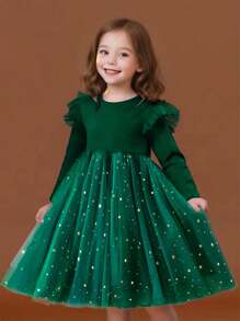 Young Girl 1pc Cute, Elegant, And Gorgeous Long Sleeve Party Dress With Shiny Stars, Moon, Sequins And Puffy Mesh Dress For Autumn/Winter - Dark Green - View 1