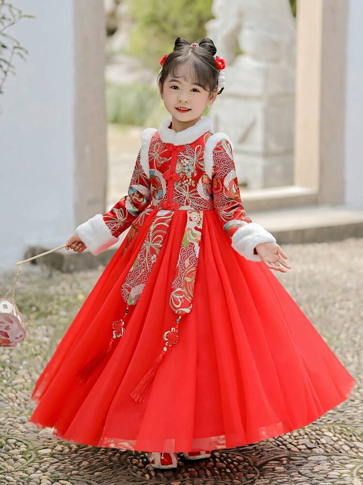 赤いロングドレス 女の子 レトロ調 トールサイズ 子供服 秋冬用