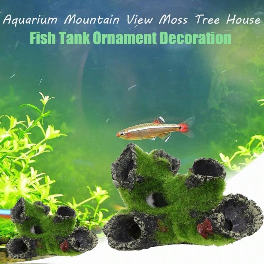 1入組山景水族缸樹屋造景,為魚缸提供樹屋造景,使用樹脂飾品,珍珠貝殼氣泡石,將空氣濾泡產生美麗的氣泡,配以氣泵附件,魚缸裝飾必備 - 彩色 - 查看 1