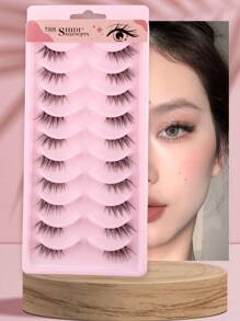 SHIDISHANGPIN 10對一整套3d人工極短纖維半眼假眼睫毛,自然跨越長度可重複使用的女性假睫毛 - 黑色 - 查看 1