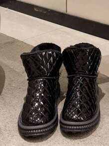 Women's Fashionable Fur Trimmed Waterproof Leather Winter Boots, Thick Plush Lining, New Style Students' Versatile Shining Black Short Boots - Black - View 2