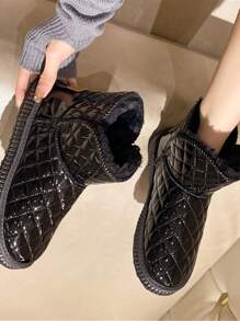 Women's Fashionable Fur Trimmed Waterproof Leather Winter Boots, Thick Plush Lining, New Style Students' Versatile Shining Black Short Boots - Black - View 3