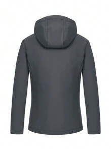 Women'S Windproof & Warm Softshell Hooded Outdoor Jacket With Text Pattern Print - Grey - View 2