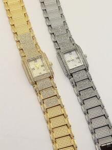 New Arrival! 1pc Women's Alloy Steel Strap Classic Luxury Square Shape Full Diamond Watch Dial With Starry Sky Quartz Movement, Perfect Gift For Daily Wear And Decoration - Gold - View 4