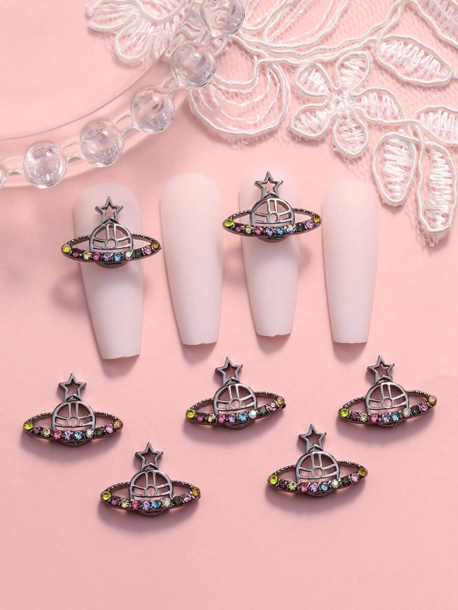 10入組金屬鑲嵌鑽石裝飾星空造型DIY指甲藝術手指環裝飾指甲魅力，美甲裝飾寶石，美甲用品 - 黑色 - 查看 1