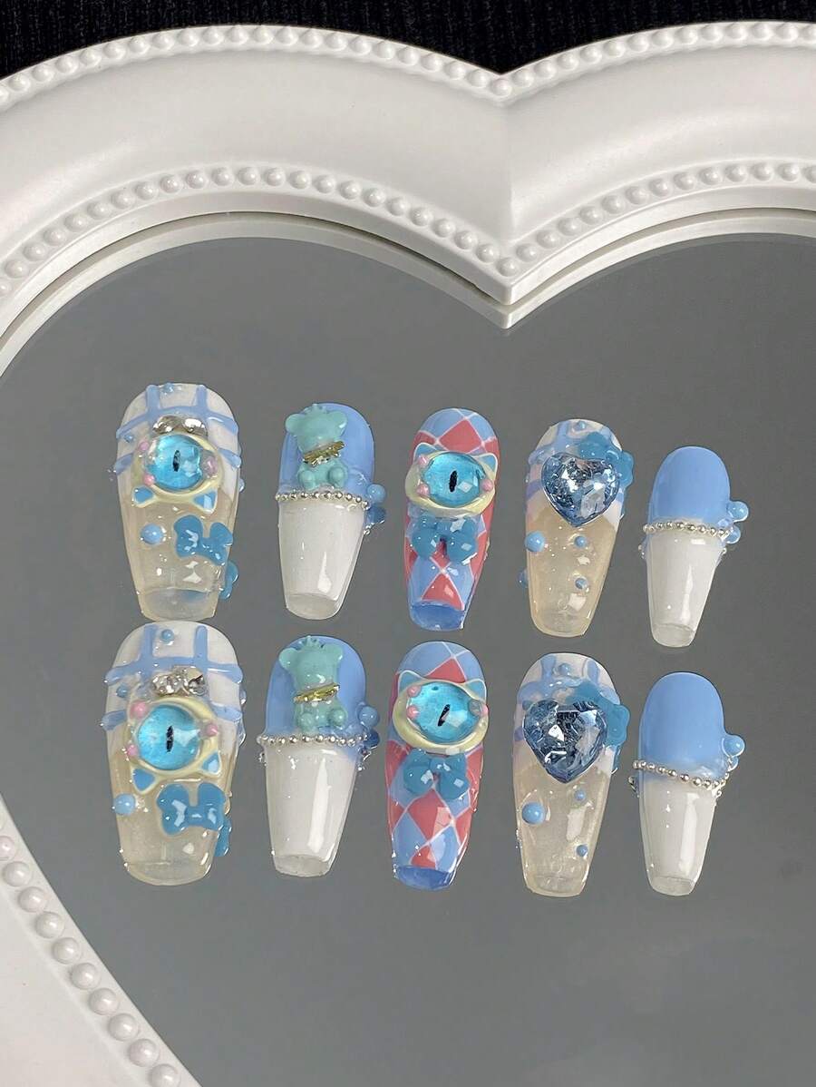 10入組長款手繪指甲,美白、鹹甜、藍色和怪物主題可愛美甲,完美貼合設計,適合女性日常工作和派對