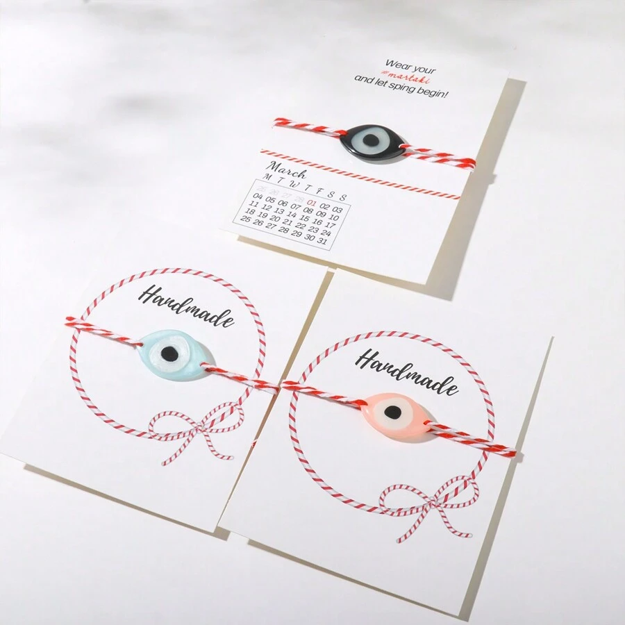 希臘三月紅白彈簧可調節樹脂眼傳統martaki 保護手鍊 友誼手鍊和卡片禮物一起送 - 三月手鐲 - 查看 1