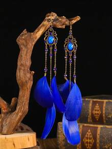 1pc Vintage Tassel & Feather Bohemian Style Statement Earring - Hole Blue - View 3