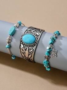 3入組多彩波西米亞風格珠飾手鐲和項鍊,附有綠松石、蓮花、大象、蝴蝶吊墜,是假日情侶送禮的完美選擇 - 彩色 - 查看 5