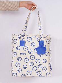 卡通帆布休闲立体加厚宽拉链手提包女加大容量内袋收纳隔层单肩学生辅导包日常便携购物袋 - 米色 - 查看 2