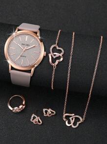 女士皮带时尚简约哑光表盘石英腕表 + 心形首饰套装（6 件/套）作为返校学生的礼物 - 灰色 - 查看 2