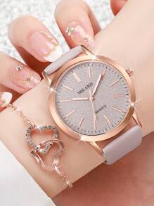 女士皮带时尚简约哑光表盘石英腕表 + 心形首饰套装（6 件/套）作为返校学生的礼物 - 灰色 - 查看 3