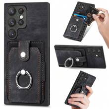 Solid Color Vintage Hardware Ring Card Leather Phone Case Compatible With Samsung Galaxy S22 S22 Ultra S23 Plus Waterproof, Scratch-Proof, Shock-Proof Phone Holder All-In-One Leather Phone Case Compatible With Samsung Galaxy S22Plus S23FE S23 S23 Ultra - Black - View 1