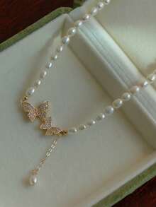 1 Retro Light Luxury Butterfly Pearl Necklace Female Niche Design High-End Elegant Clavicle Neck Choker - Gold - View 5