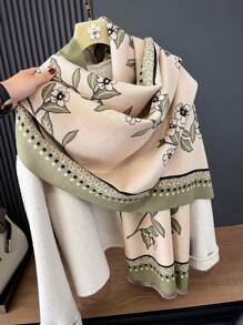 1條女士毛茸茸的花紋披肩,冬季時尚必備品,柔軟舒適保暖適合日常穿著 - 綠色 - 查看 1