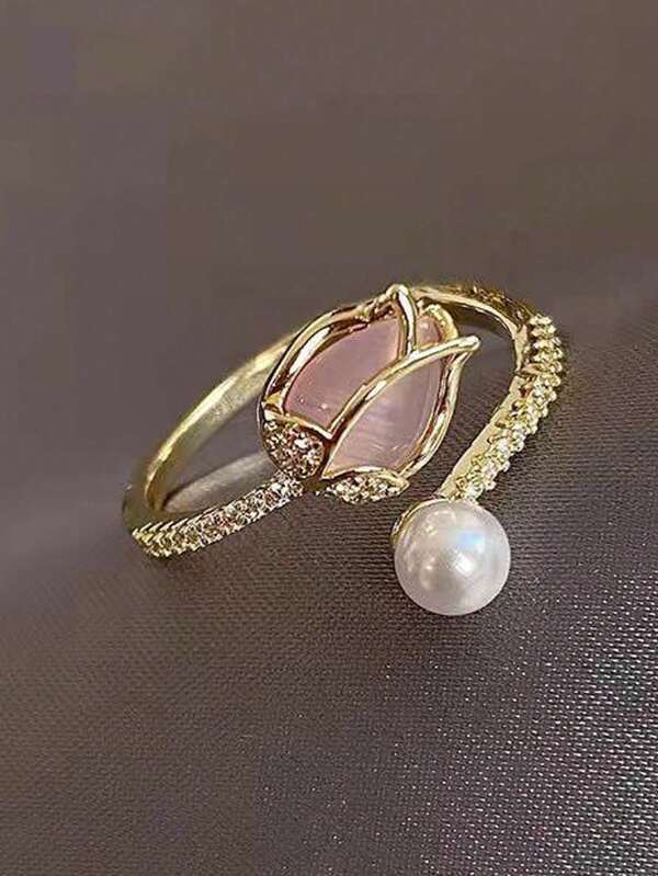 Tulip Bud Gold Plated Ring Women Fashion Adjustable  Ring Pink Crystal Bride Wedding Party Jewelry Gift CoupleFriends Girlfriend Royal Vintage