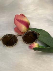 Hot High Quality Girls Full Diamond Oval Frame Sunglasses Women's Visor Photo Concave Shape Retro Diamond Sunglasses,Give A Glasses Box - 棕色 - 查看 2