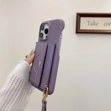 1pc Solid Color Litchi Texture Denim Pattern Lanyard With Built-In Makeup Mirror, Multi-Card Wallet Style Shockproof PU Leather Phone Case Compatible With IPhone 17 Air 16 15 14 Plus 13 12 11 Pro Max, Galaxy S20 S21 FE S22 S23 S24 Plus Note 20 Ultra A52 A52 A54 A03 A12 A13 A14 A21 A22 A23 A24 A32 A34 A42 A71 A72 A81 5G 4G, Pixel 10 9 8 7 6 Pro 7a 6a 4 XL, Edge 30