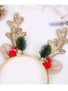 1pc Red Christmas Antler & Glitter Headband With Bells For Adult - Red - View 5