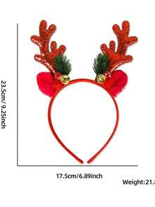1pc Red Christmas Antler & Glitter Headband With Bells For Adult - Red - View 8