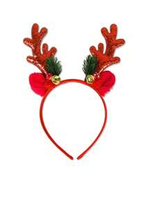 1pc Red Christmas Antler & Glitter Headband With Bells For Adult - Red - View 2