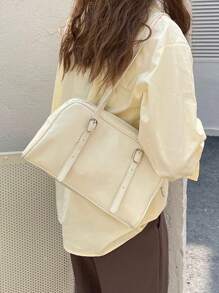 可調節肩帶的簡約時尚肩袋 - 米色 - 查看 1