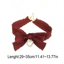 1條簡潔性感的酒紅絲帶貼頸項鍊,心形珍珠裝飾,甜美可愛配件 - 酒紅色 - 查看 3