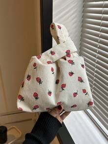 1入組草莓印花灯芯絨材質時尚、清新、可愛手鏈袋,適用於送禮或女士日常工作或約會時使用 - 白色 - 查看 10