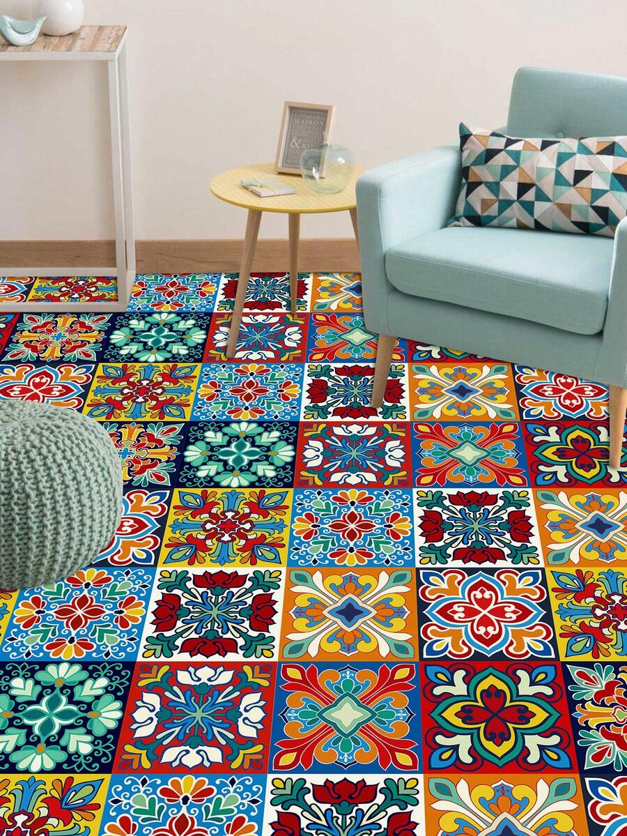 10pcs Self-adhesive Removable Pvc Decoration Floor Stickers With Colorful Flower Pattern,waterproof Square Wall Decals For Home Decor - Multicolor - View 1