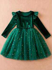 Young Girl 1pc Cute, Elegant, And Gorgeous Long Sleeve Party Dress With Shiny Stars, Moon, Sequins And Puffy Mesh Dress For Autumn/Winter - Dark Green - View 2