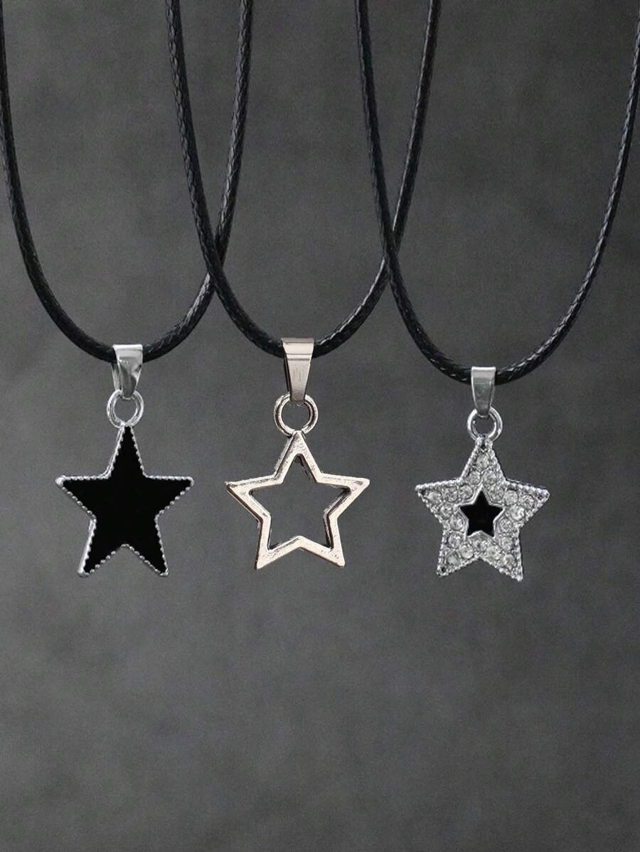 3pcs Gothic Vintage Rock Style Star Pendant Necklaces With Black Cords And Rhinestone Decor, Y2k Streetwear Fashion Jewelry