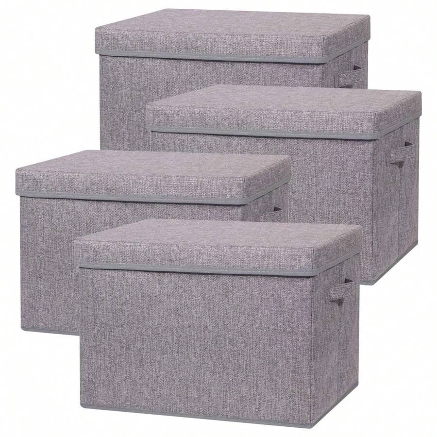 4 Pack Large Foldable Storage Box With Lids [16.5x11.8x11.8] Fabric Storage Cube Organizer Cloth Containers Linen Bins Baskets For Closet Clothes Clothing Bed Room
