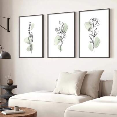 Juego De 3 Pósters De Arte De Flores Y Plantas Minimalistas Con Impresión En Lienzo En Dibujo De Línea Abstracta Verde Y Botánico. Cuadro Moderno De Decoración Para Sala De Estar Sin Marco