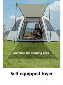 銀塗層牛津布防曬防風六角球形帶門廊帳篷,自動且可折疊,全套野營裝備,適用於野營、野餐和生存 - 2-5人露營帳篷+雨棚(附收納袋) - 查看 7