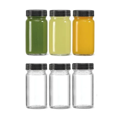 6-pack, 2 oz glasshotflaskor med svarta lock - liten genomskinlig burk för resebehov, miniflaskor lämpliga för ingefära, wellnessshot, juice, prov