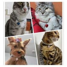 三排閃亮水鑽合成皮革寵物項圈搭配心型吊墜,寵物貓狗項鍊 - 白色 - 查看 3