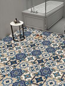 1 Set / 10 Piezas Losetas Autoadhesivas De Decoración De Suelo Pvc Removible Y Adhesivo De Pared Cuadrado Impermeable Con Patrón Floral De Estilo Europeo, Adecuado Para La Decoración Del Hogar - Multicolor - Ver 5