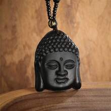 SeuSuk 1件佛陀乔达摩头像吊坠串珠项链，男女皆宜的宗教饰品礼品 - 黑色 - 查看 4