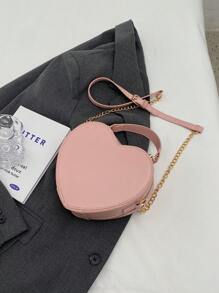 时尚女士 PU Y2K 心形手提包，热销女孩纯色金属链条单肩包，PU 双拉链斜挎包，适合约会，适合女孩约会、购物派对等日常旅行，有趣的情人节礼物情人节 - 粉色 - 查看 5