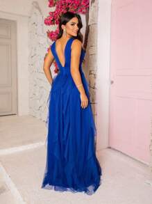 VESTIDO DE FESTA LONGO MADRINHA CASAMENTO DECOTE SAIA CASCATA - Azul Royal - Visão 2