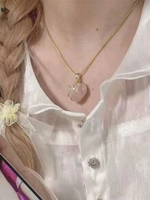 1 件可愛青銅槓鈴愛心吊墜項鍊帶蛋白石玻璃適合女士日常佩戴 - 藕粉色 - 查看 4