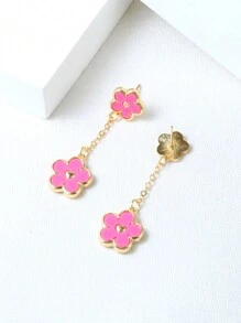 1pair Fashionable Multicolor Five-petal Flower Shaped Long Dangle Earrings With Heart Shaped Middle Pendant, Suitable For Women & Girls' Elegant Style Tassel Ear Jewelry Clothing Accessories - Black - View 5